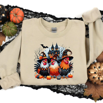 Sand spooky chicken sweatshirt styled with fall pumpkins and black lace