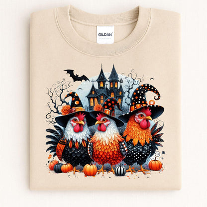 Sand Halloween chickens and haunted house sweatshirt folded flat