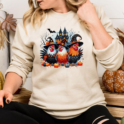 Sand witchy Halloween chicken graphic sweatshirt modeled indoors