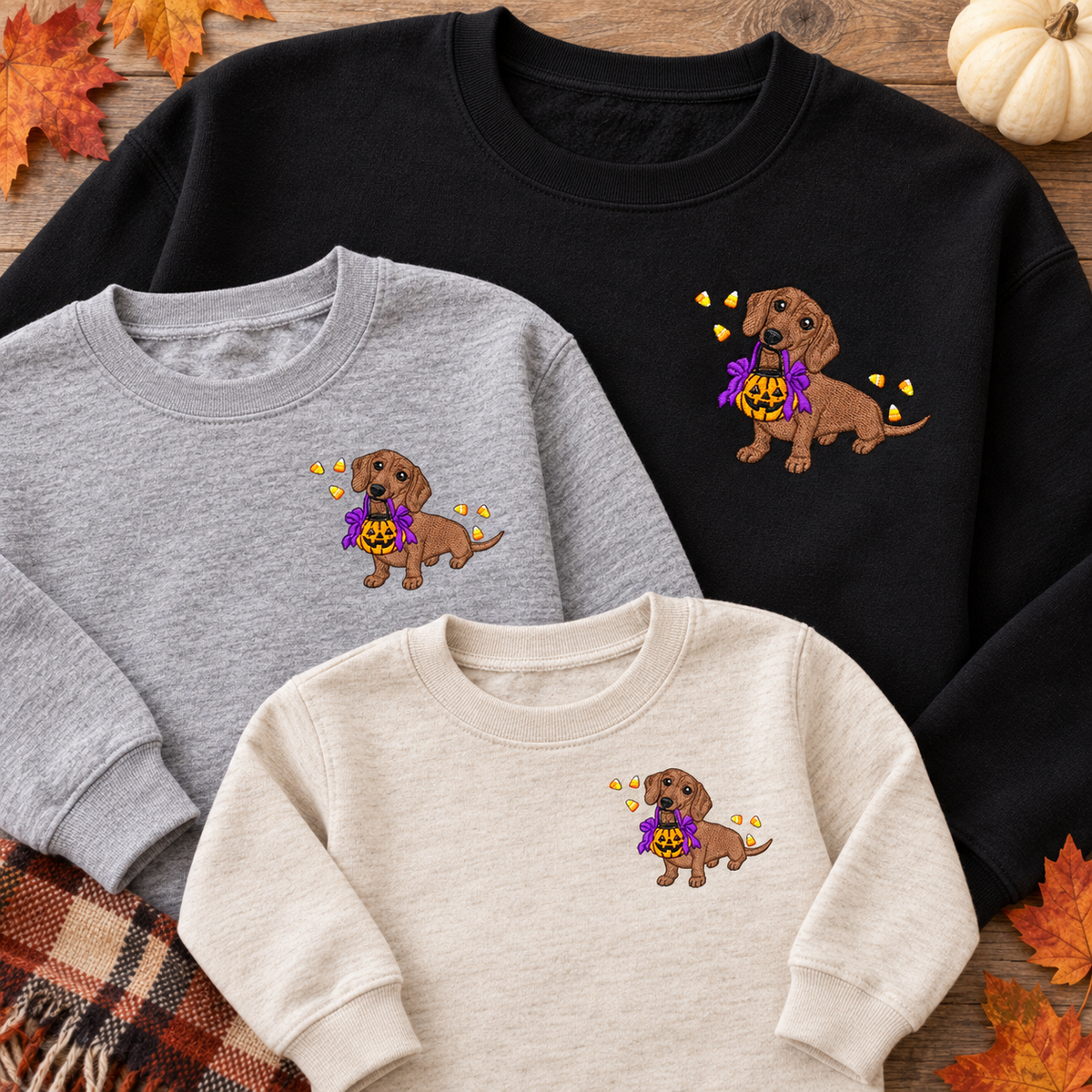 Toddler youth and adult Halloween dachshund embroidered sweatshirt size comparison
