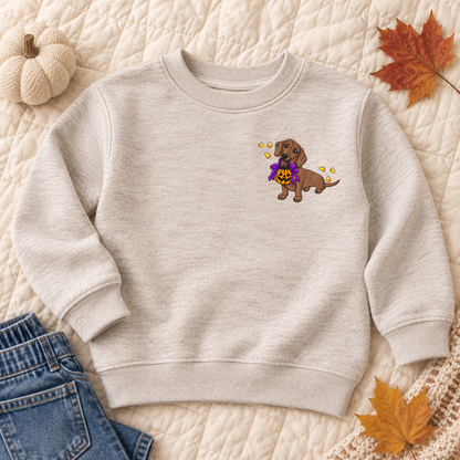 Natural Heather toddler Halloween dachshund embroidered sweatshirt flat lay