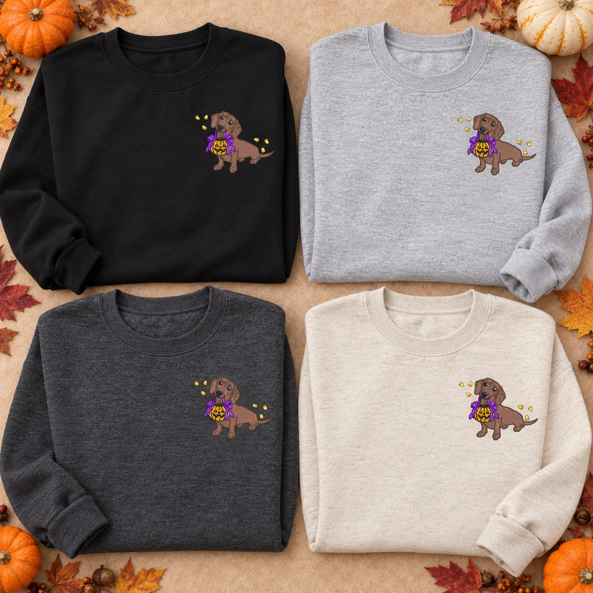 Black, Sport Grey, Dark Heather and Natural Heather Halloween dachshund embroidered sweatshirt color options