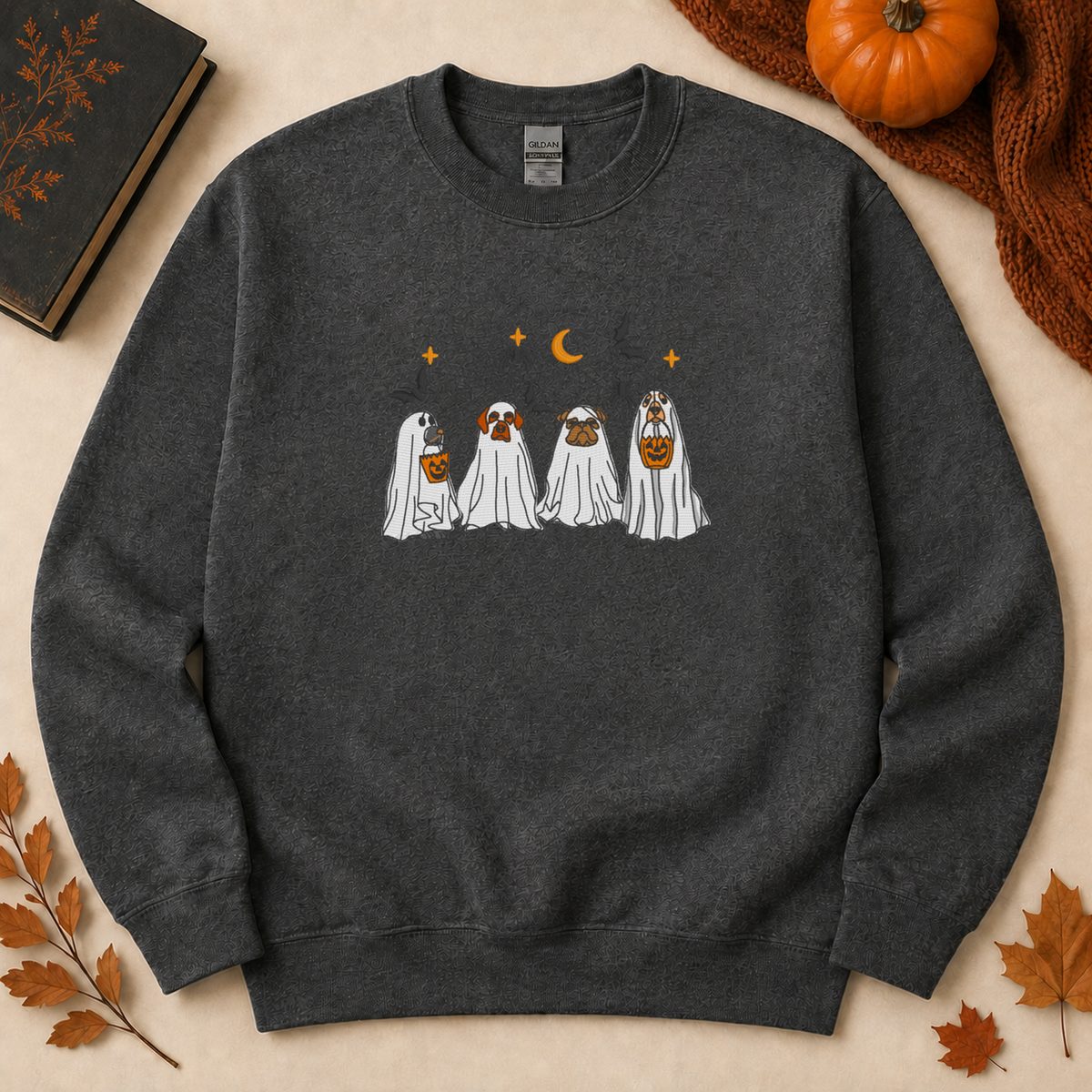 Dark Heather Gildan Softstyle sweatshirt with Halloween dog ghost embroidery flat lay