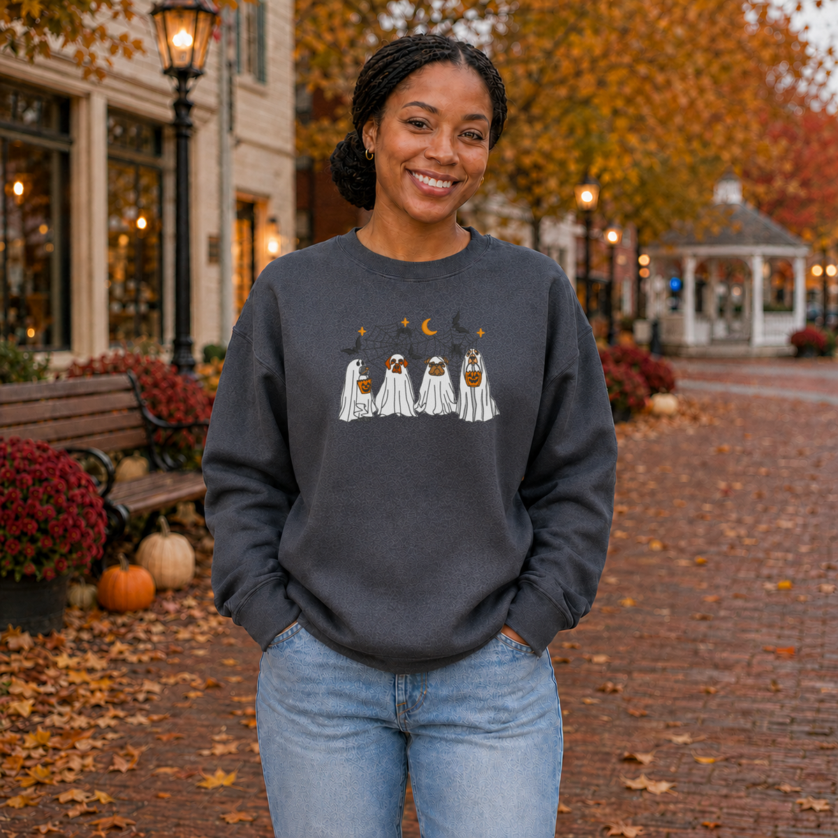 Dark Heather Gildan Softstyle Halloween dog ghost embroidered sweatshirt on woman