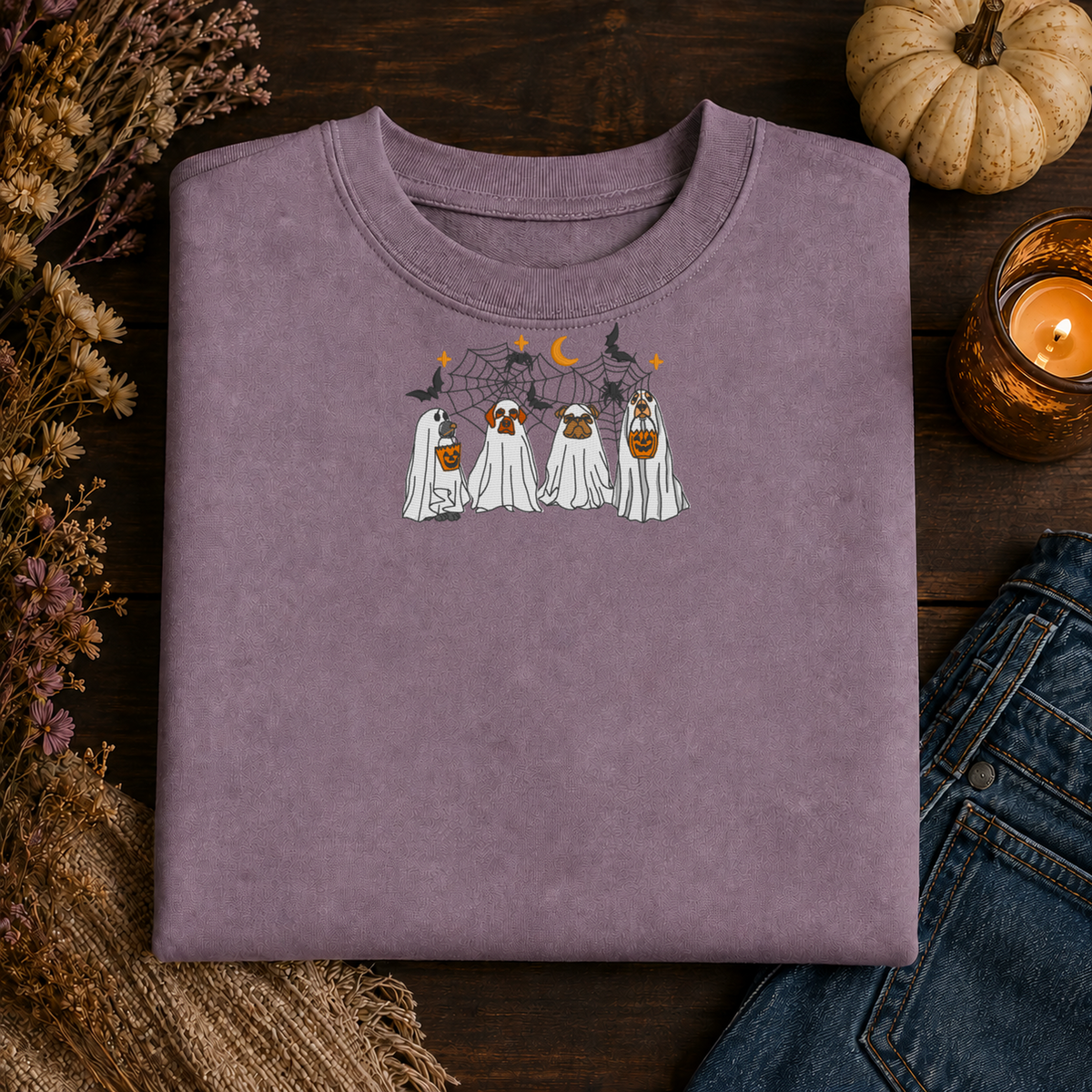 Paragon Gildan Softstyle sweatshirt with Halloween dog ghost embroidery flat lay