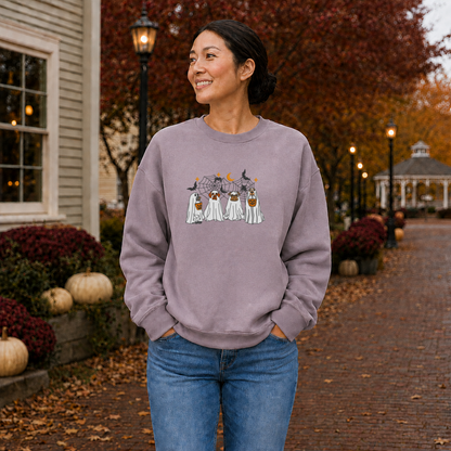 Paragon Gildan Softstyle Halloween dog ghost embroidered sweatshirt on woman