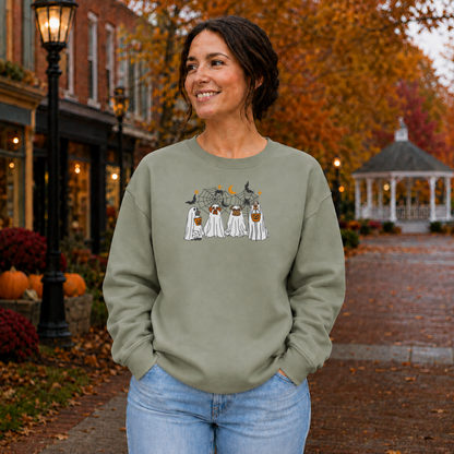 Sage Gildan Softstyle Halloween dog ghost embroidered sweatshirt on woman