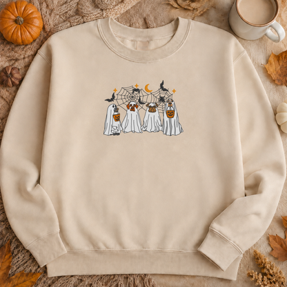 Sand Gildan Softstyle sweatshirt with Halloween dog ghost embroidery fall flat lay