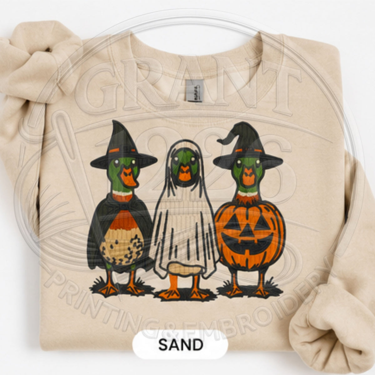 Sand embroidered Halloween duck crewneck color option