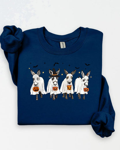 Navy Gildan Heavy Blend sweatshirt with four ghost donkeys in Halloween costumes