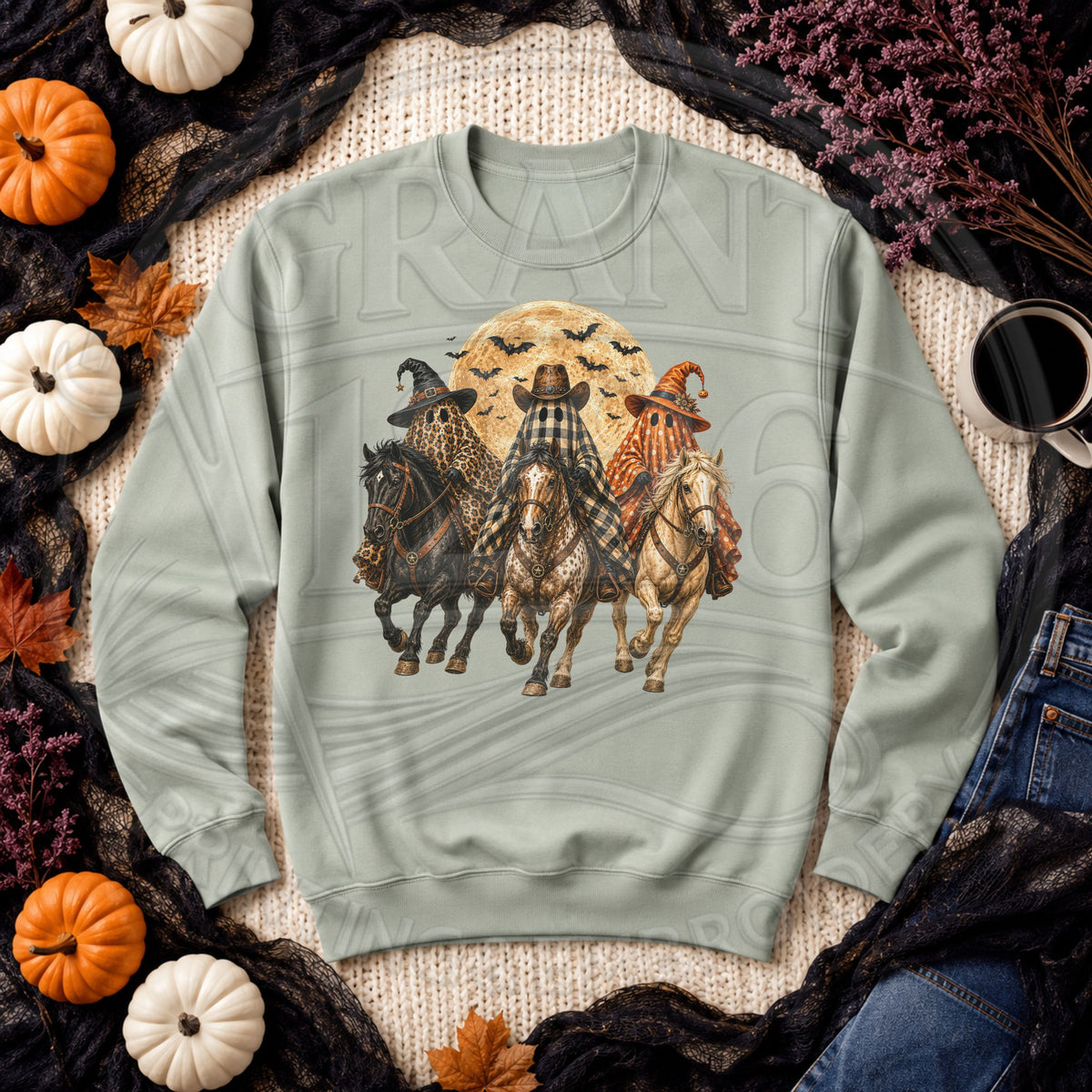 Sage Gildan western Halloween sweatshirt with ghost horse graphic flat lay
