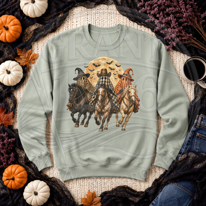 Sage Gildan western Halloween sweatshirt with ghost horse graphic flat lay