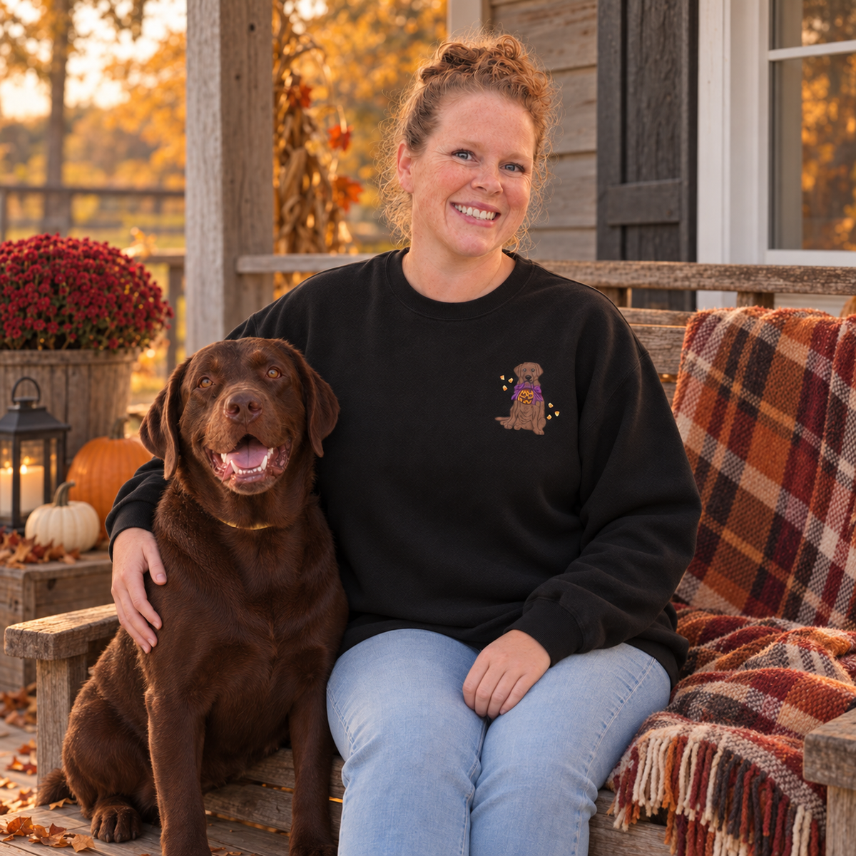 Seated woman and chocolate Lab modeling a black Halloween Labrador embroidered crewneck