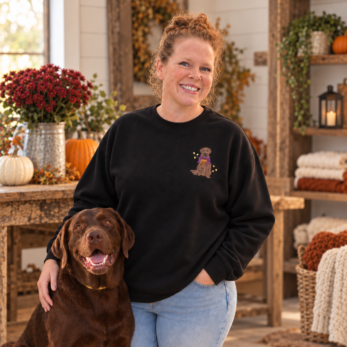 Halloween chocolate Lab embroidered sweatshirt in a rustic boutique setting