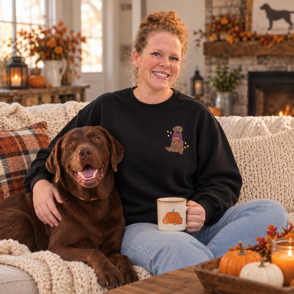 Halloween chocolate Lab embroidered sweatshirt styled in a farmhouse living room