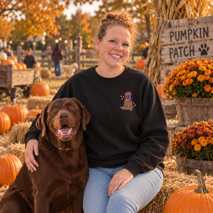 Halloween chocolate Lab embroidered sweatshirt at a dog-friendly pumpkin patch