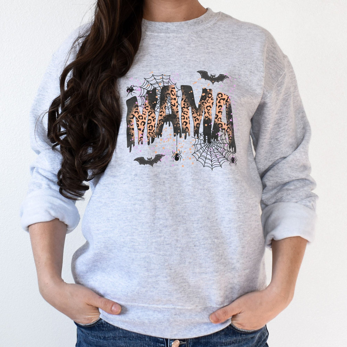 Ash Gildan 18000 Halloween mama sweatshirt with leopard letters, bats and spiderwebs