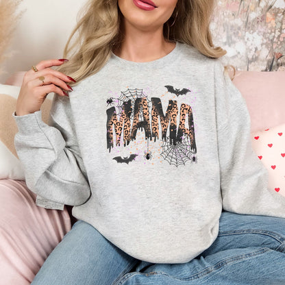 Ash Gildan 18000 heavyweight sweatshirt with leopard print Halloween MAMA graphic on seated woman