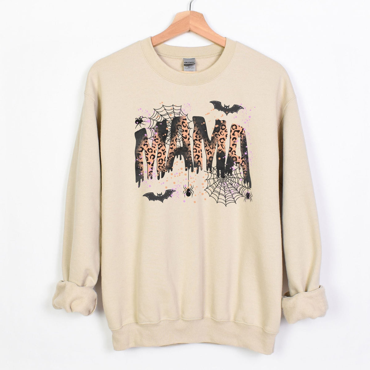 Sand Gildan 18000 crewneck on hanger with leopard print Halloween MAMA graphic