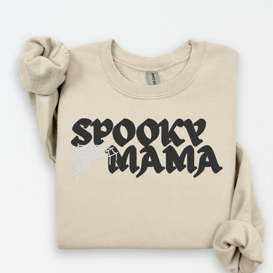 Sand Spooky Mama embroidered Halloween sweatshirt with black gothic lettering and white spiderweb