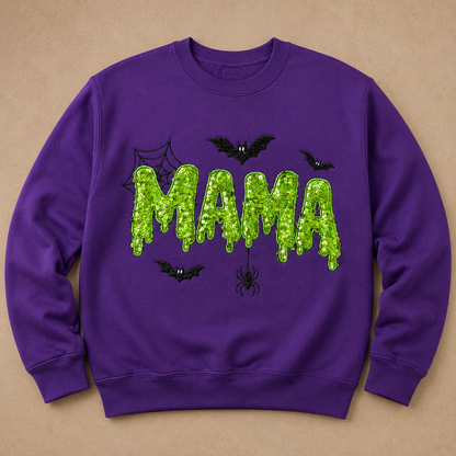 Digital color preview of Gildan Purple Halloween MAMA sweatshirt with lime green sequin appliqué