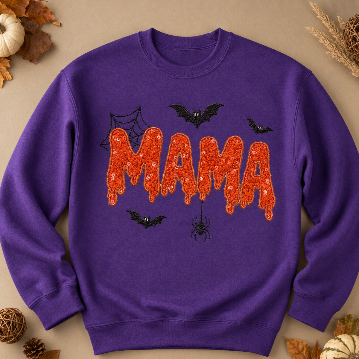 Digital color preview of Gildan Purple Halloween MAMA sweatshirt with orange sequin appliqué