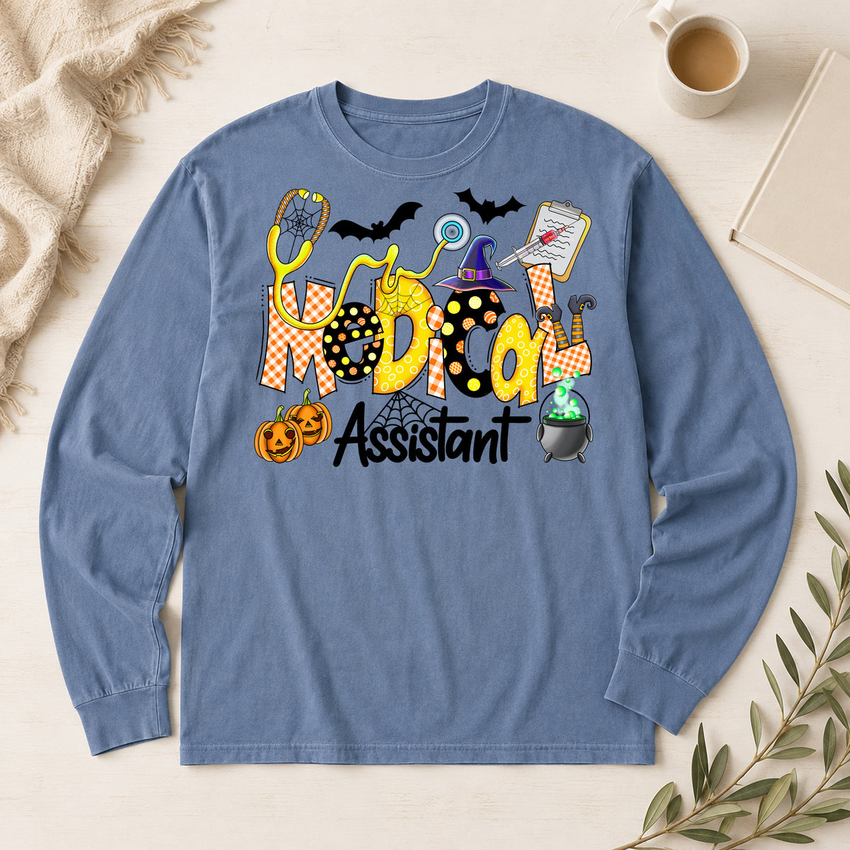 Blue Jean Comfort Colors 6014 long-sleeve Halloween Medical Assistant shirt in a fall flat-lay.