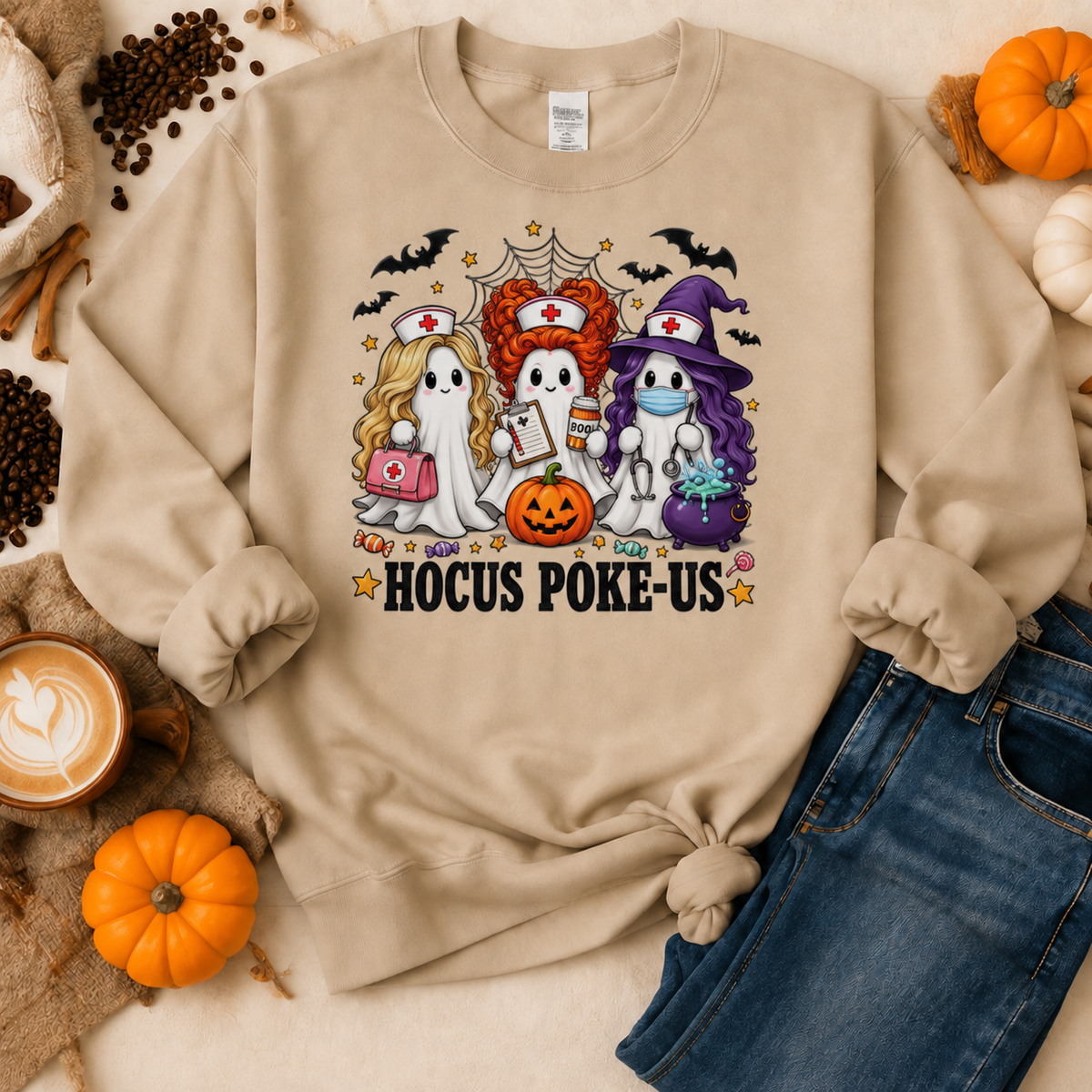 Sand nurse Halloween sweatshirt flat lay with Hocus Poke-Us ghost design