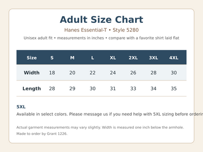 Hanes 5280 adult T-shirt size chart for S through 5XL