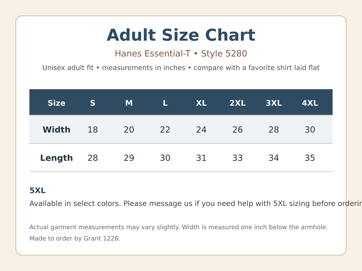 Hanes 5280 adult T-shirt size chart for S through 5XL