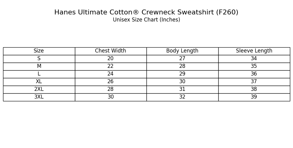 Unisex crewneck size chart for tone on tone embroidered sweatshirt