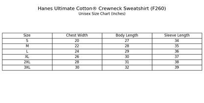 Unisex crewneck size chart for tone on tone embroidered sweatshirt
