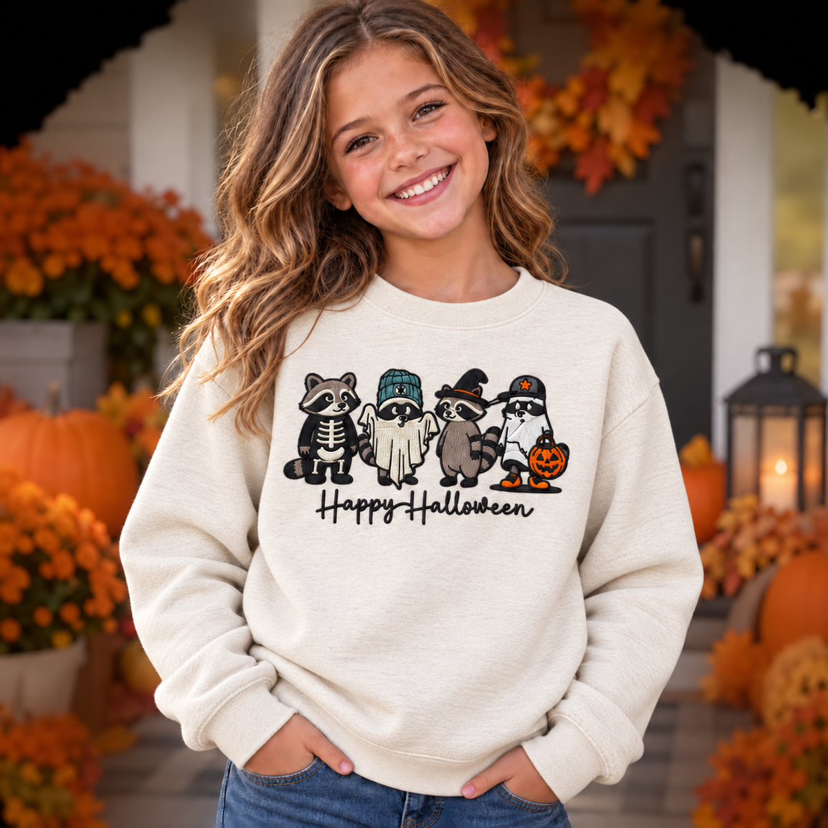 Youth wearing a Natural embroidered Happy Halloween raccoon sweatshirt with four costumed raccoons