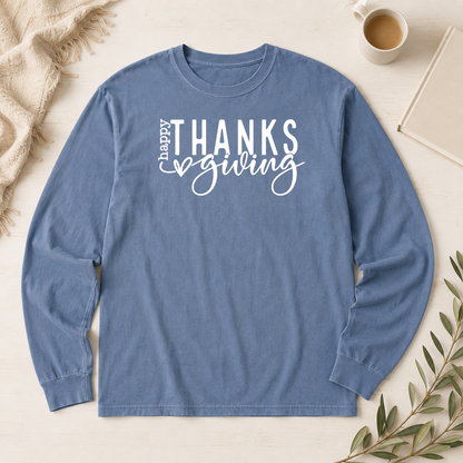Blue Jean Comfort Colors 6014 Happy Thanksgiving long sleeve shirt flat lay