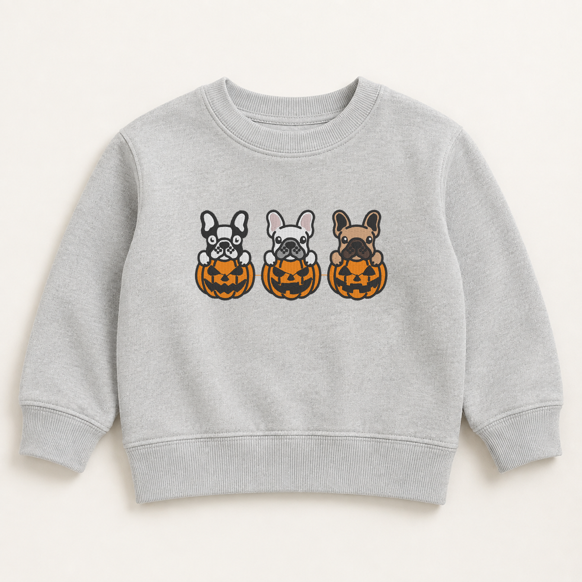 Heather grey toddler French Bulldog pumpkin embroidered crewneck sweatshirt
