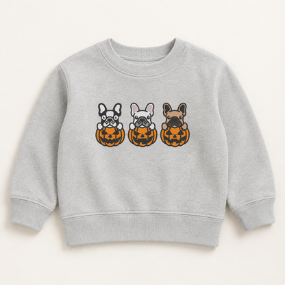 Heather grey toddler French Bulldog pumpkin embroidered crewneck sweatshirt