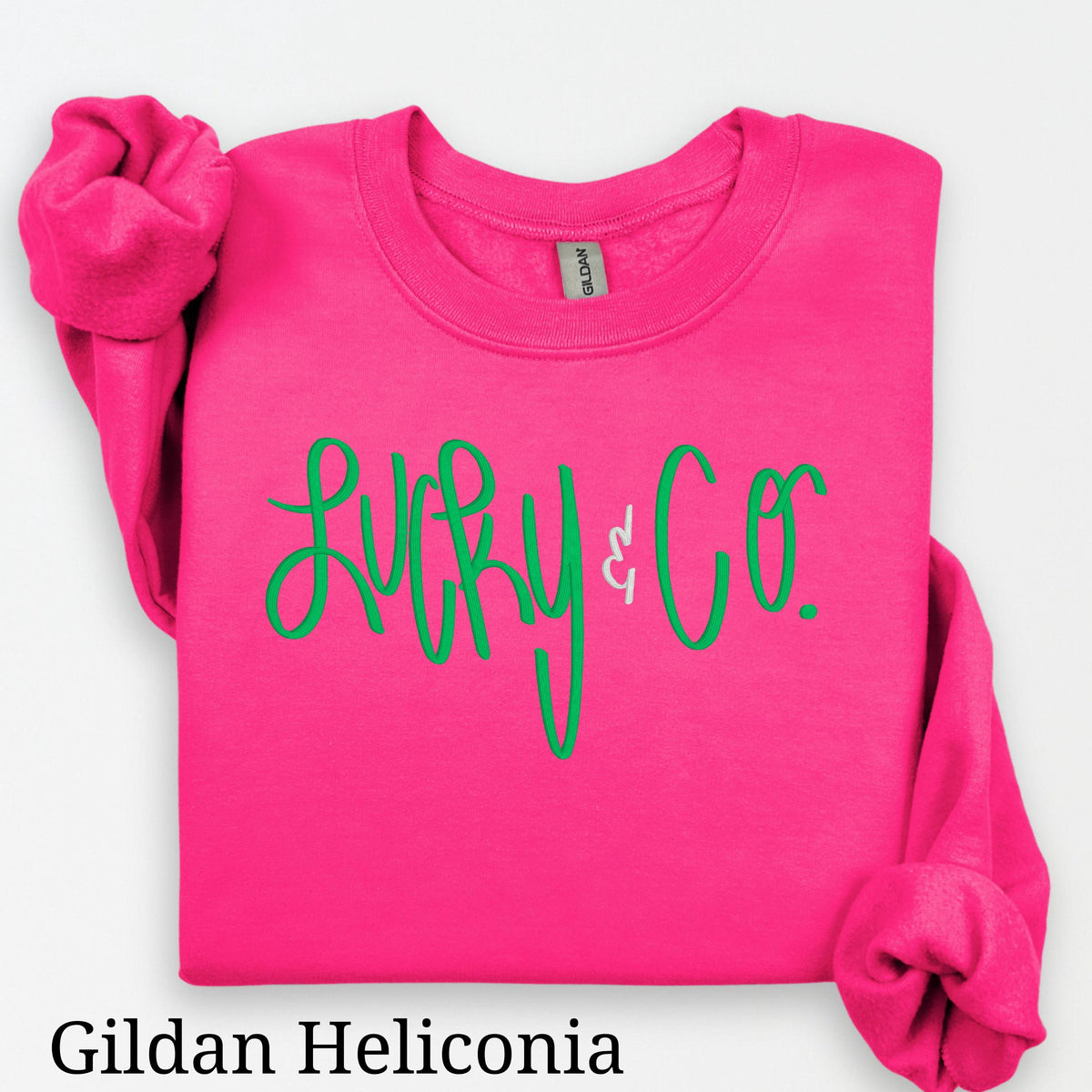 Heliconia St. Patrick’s Day crewneck with embroidered shamrock design