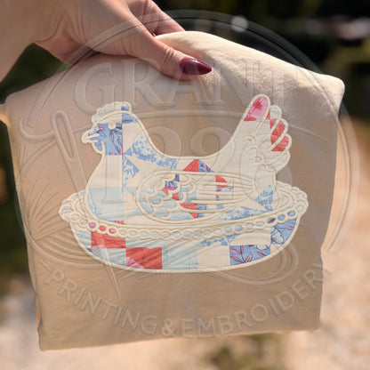 Patchwork chicken applique embroidery on ivory farmhouse t-shirt