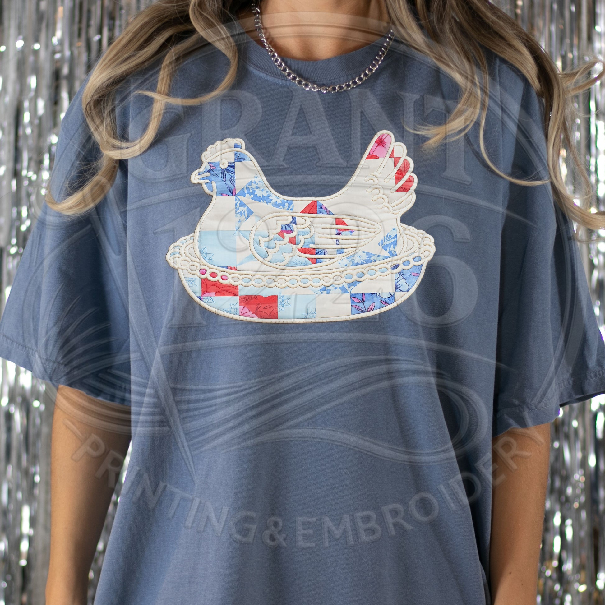 Blue Comfort Colors embroidered chicken applique cottagecore shirt