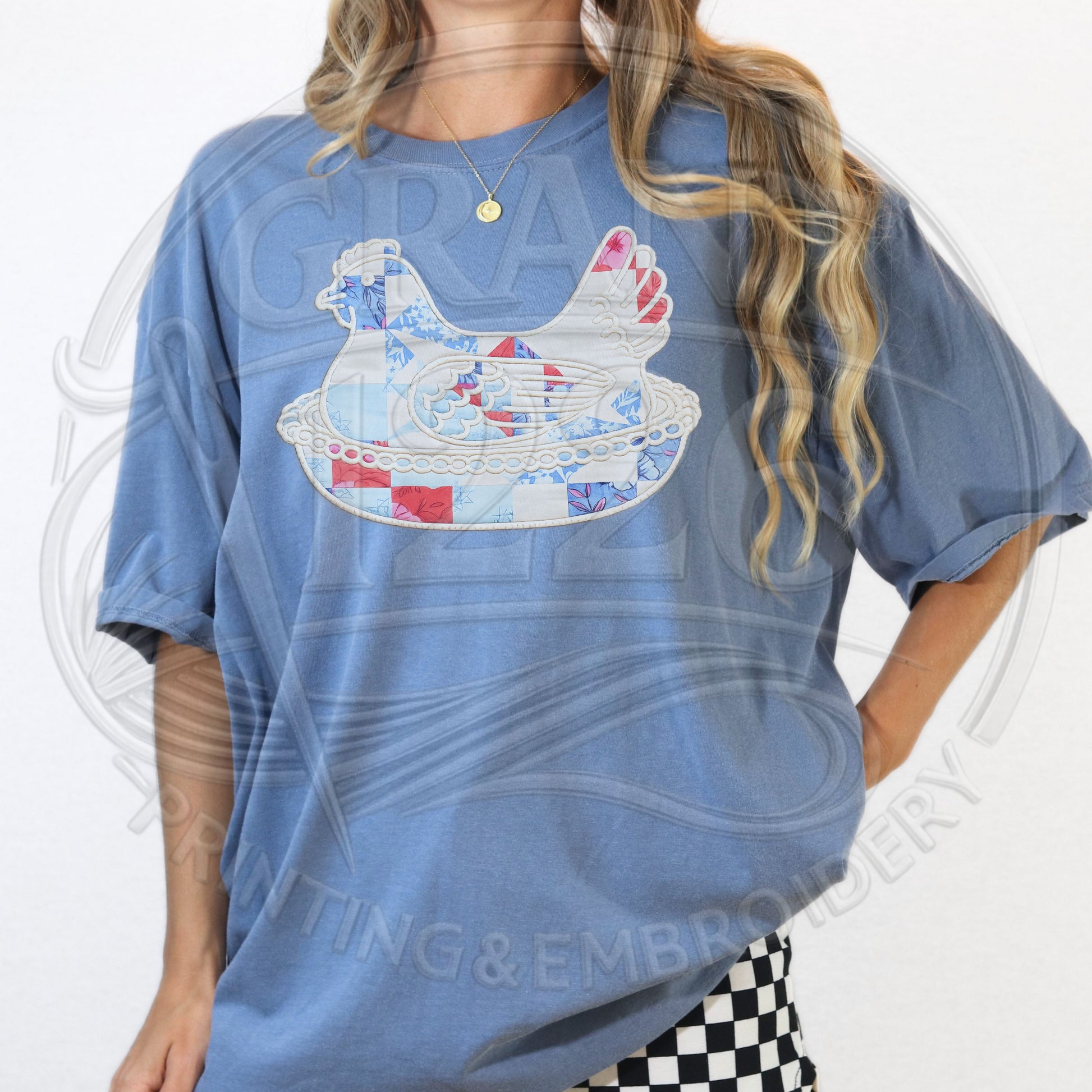 Blue Jean farmhouse chicken applique embroidered tee