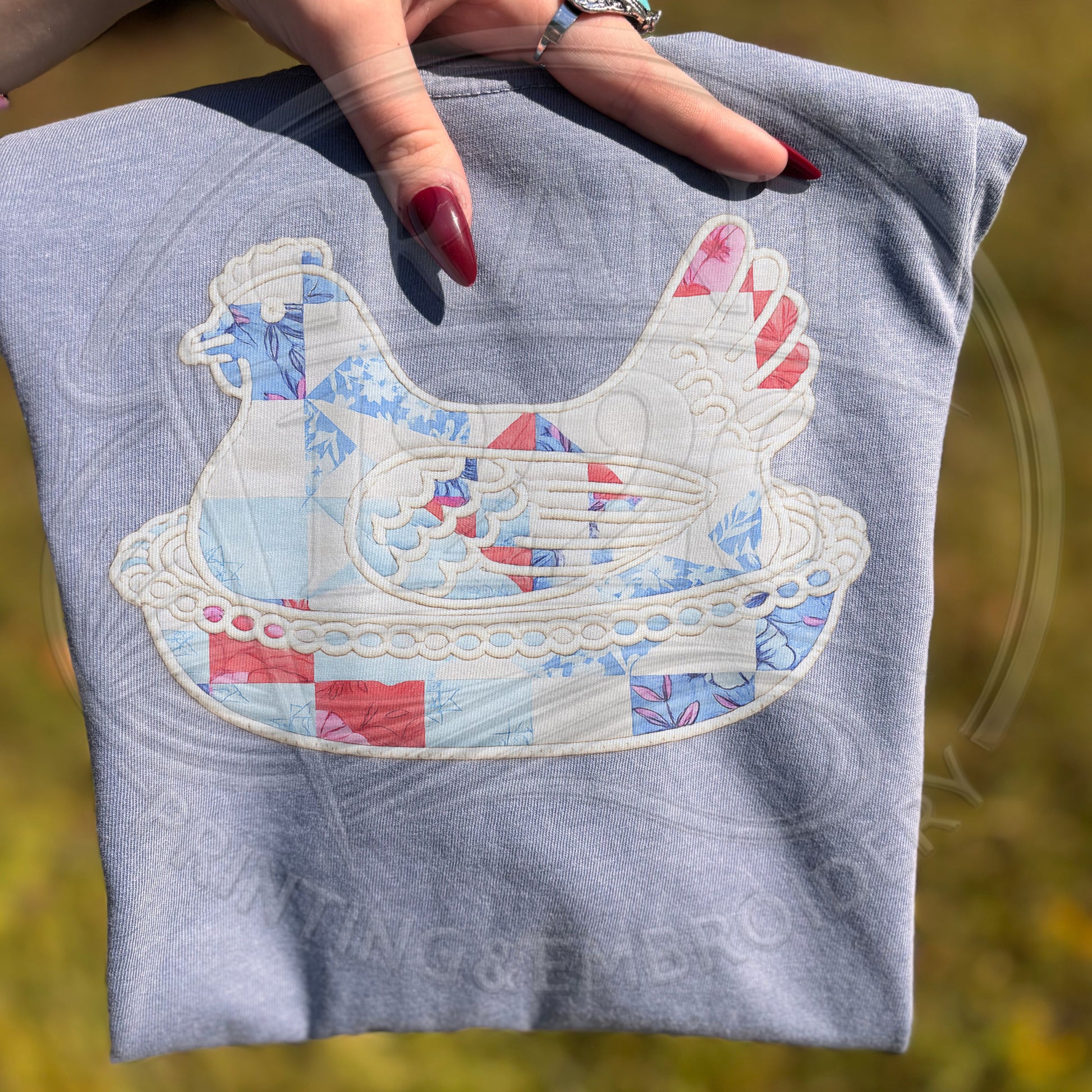 Light blue embroidered hen on nest patchwork shirt