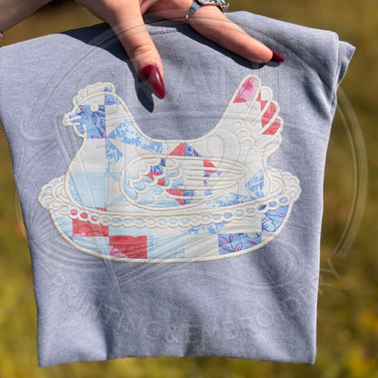 Light blue embroidered hen on nest patchwork shirt