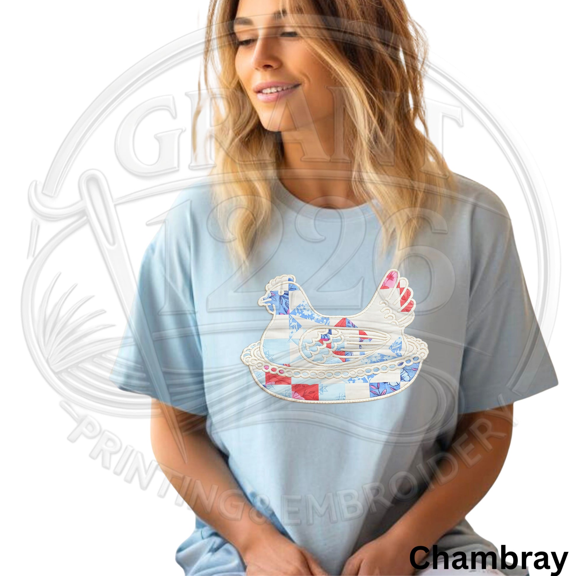 Chambray embroidered hen on nest patchwork shirt