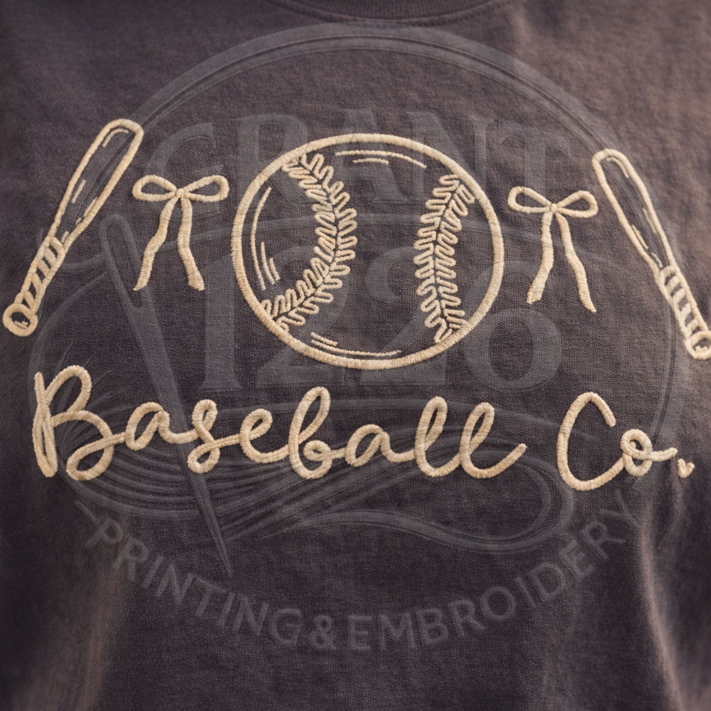 High quality embroidery stitching detail on baseball themed Comfort Colors shirt