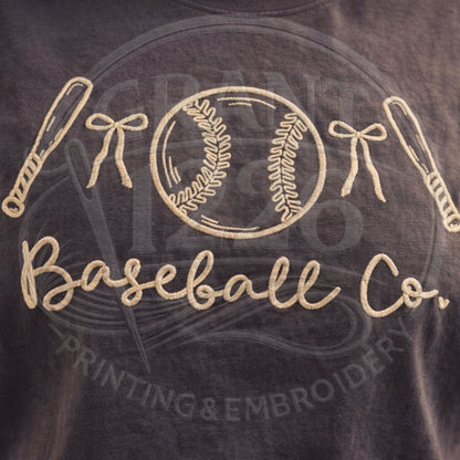 High quality embroidery stitching detail on baseball themed Comfort Colors shirt