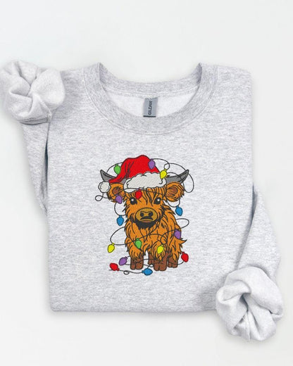 Highland cow Christmas embroidered sweatshirt in Ash