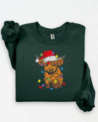 Highland cow Christmas embroidered sweatshirt in Green