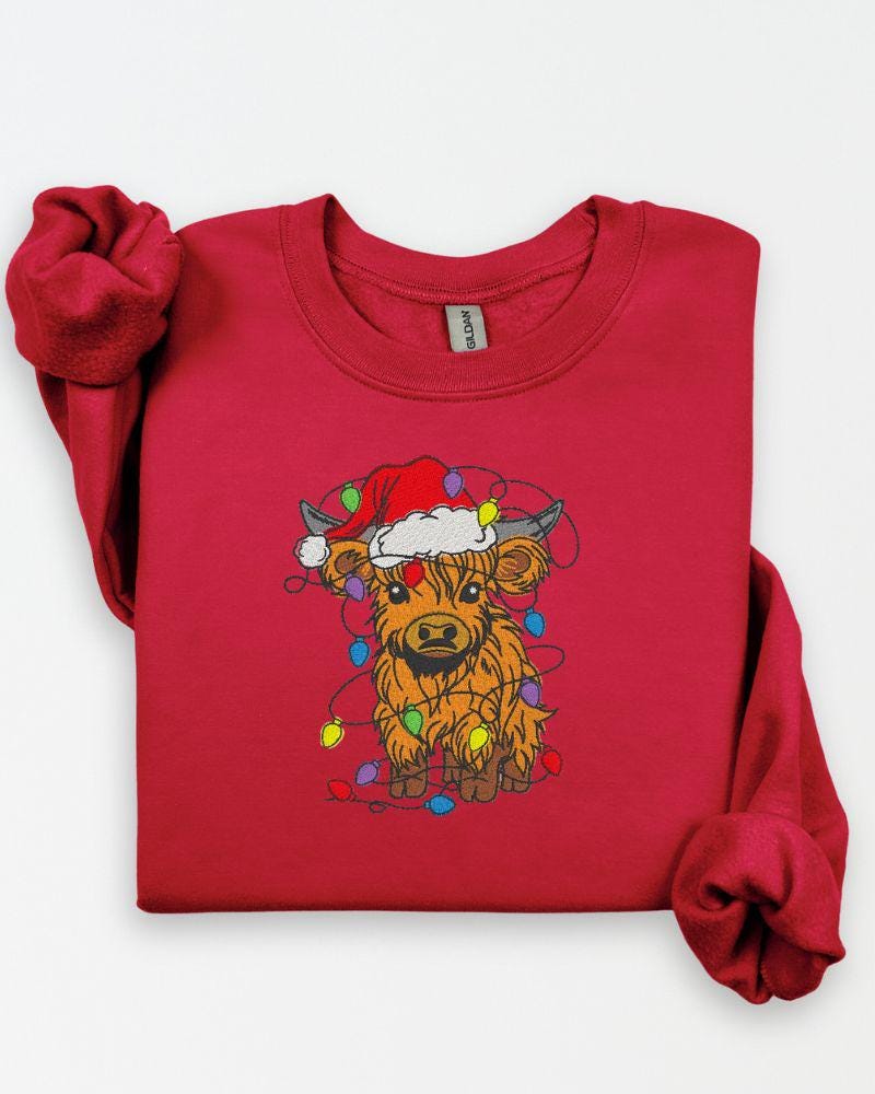 Highland cow Christmas embroidered sweatshirt in Red