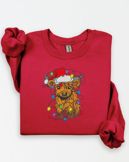 Highland cow Christmas embroidered sweatshirt in Red