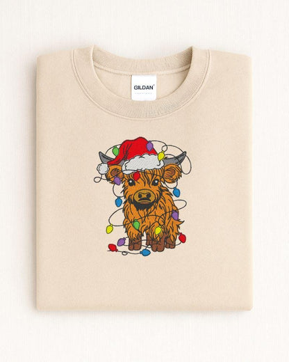 Highland cow Christmas embroidered sweatshirt in Sand